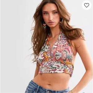 Willow & Root Buckle Satin Halter Cropped Tank Top
